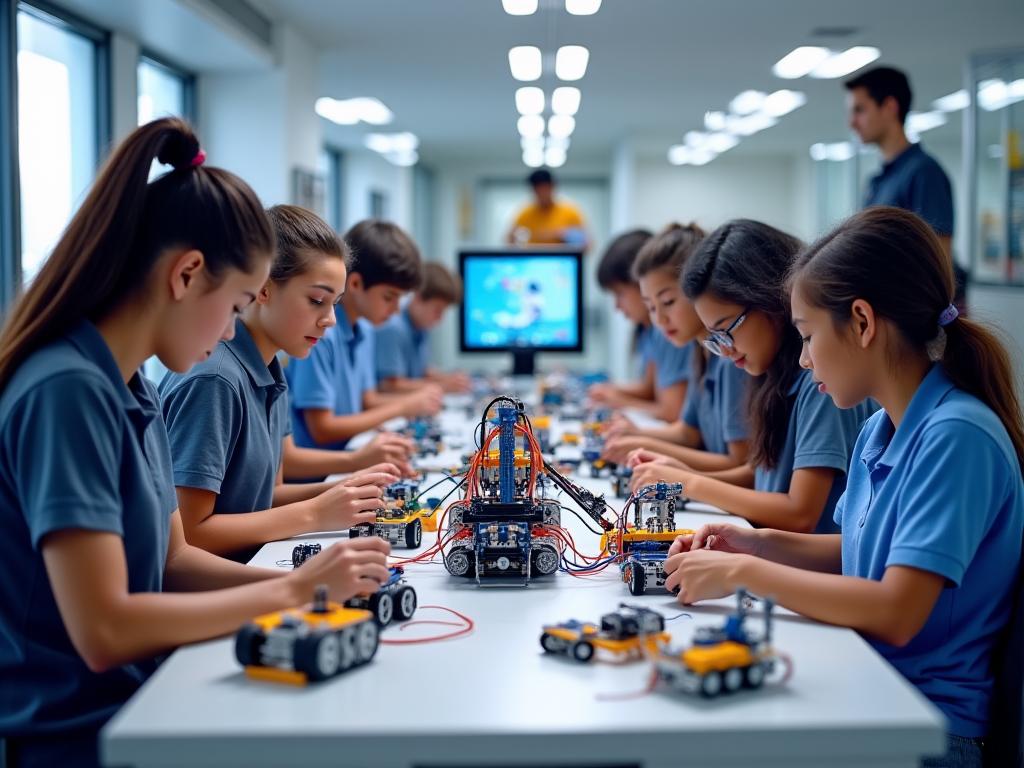 Estudiantes trabajando con robots educativos en laboratorio interactivo